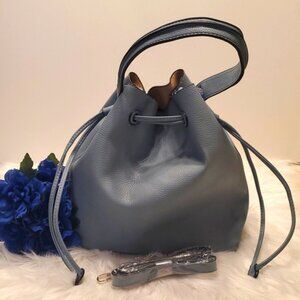No Brand Bucket Handbag Light Blue Faux Leather Shoulder Strap Pull Tie Closure